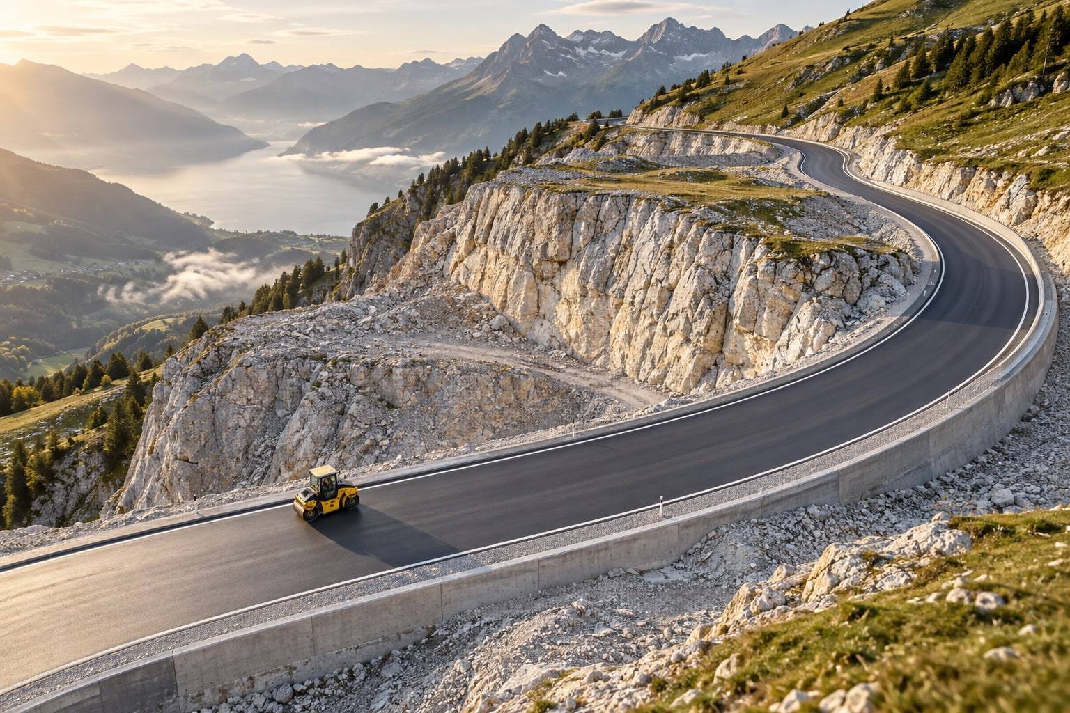 Route de montagne en travaux, un rouleau compresseur sur l'enrobé neuf